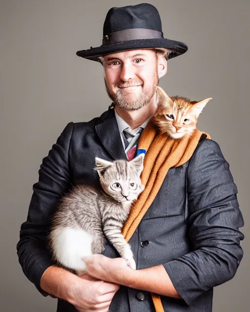 Prompt: gentlemen wearing a hat and wearing a baby sling on the back with a kitten in the sling, studio portrait, golden ratio, backlit, steampunk