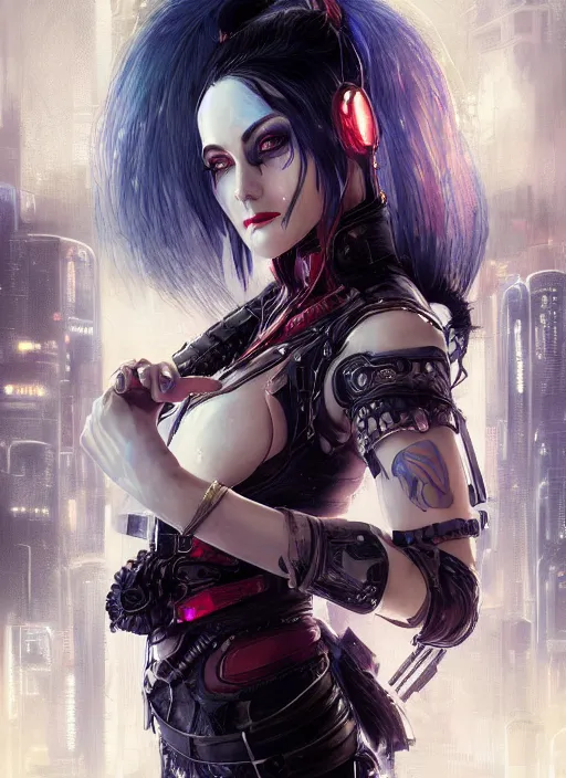 Image similar to a beautiful illustration of cyberpunk elven harley quinn, black hair, intricate, sharp focus, illustration, highly detailed, digital painting, concept art, matte, art by wlop and artgerm and greg rutkowski and alphonse mucha, masterpiece