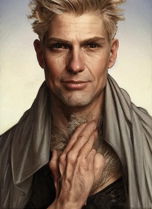 Image similar to a man aged 4 0 with blonde hair and hazel eyes and a friendly expression. he is clean shaven and wearing a grey cloak. head and shoulders portrait painting by artgerm and greg rutkowski and alphonse mucha.