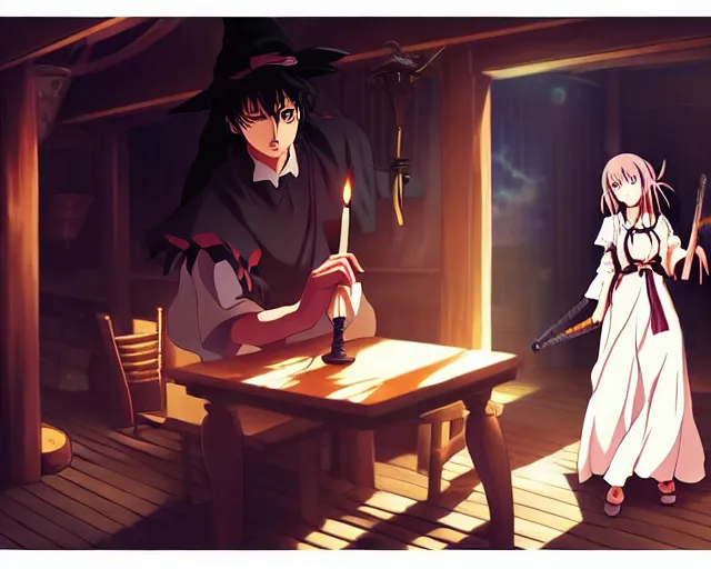 Image similar to key anime visual portrait of a young female witch in a tavern interior defending a companion, dynamic pose, dynamic perspective, cinematic, dramatic lighting.