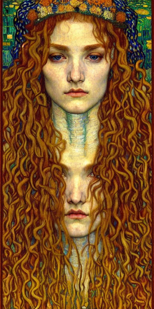 Image similar to detailed realistic beautiful young medieval queen face portrait by jean delville, gustav klimt and vincent van gogh, art nouveau, symbolist, visionary, gothic, pre - raphaelite, muted earthy colors, desaturated