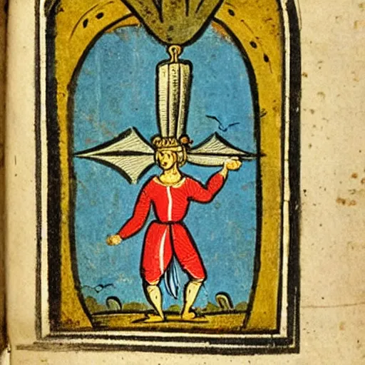 Image similar to a 1 8 th century illustration manuscript illustration of a medieval peasant holding a large blue trident above his head.