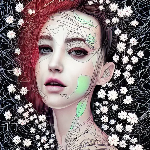 Image similar to the portrait of an incredibly beautiful woman partially made of onions and cherry blossoms, an ultrafine detailed illustration by james jean, final fantasy, intricate linework, bright colors, behance contest winner, vanitas, angular, altermodern, unreal engine 5 highly rendered, global illumination, radiant light, detailed and intricate environment