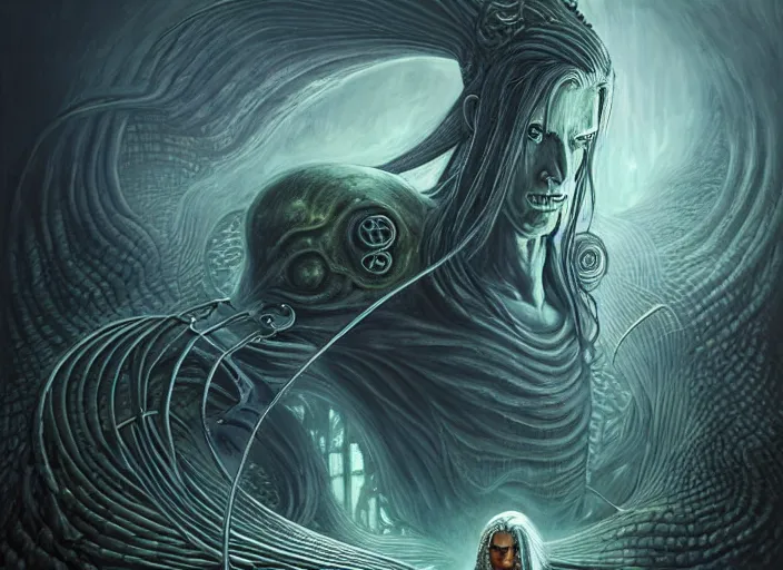Prompt: lovecraft biopunk portrait of sephiroth from final fantasy vii, fractal background, anthropomorphic cthulhu behind him, by tomasz alen kopera and peter mohrbacher
