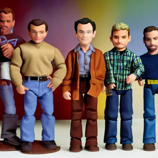 Image similar to Boy Meets World action figures, Mr. Feeny, Topanga, Shawn, Cory, detailed photo, dramatic lighting.