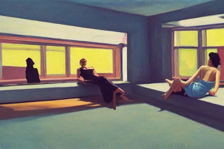 Image similar to twitch streamer is trying to take sunbath, picture in style of Edward Hopper,