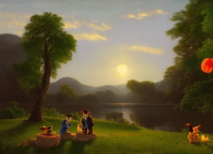 Image similar to american realist romanticism landscape painting of winnie the pooh characters at night, night time, colorful paper lanterns, in the style of hudson river school and thomas cole and albert bierstadt and robert duncanson and vincent van gogh