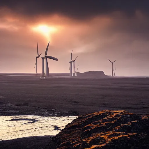 Prompt: painting of a humongous wind-turbine in the distance, by Greg Rutkowski, iceland landscape, golden hour, dramatic lighting, epic, gargantuan, intricate detail, 4k, 8k