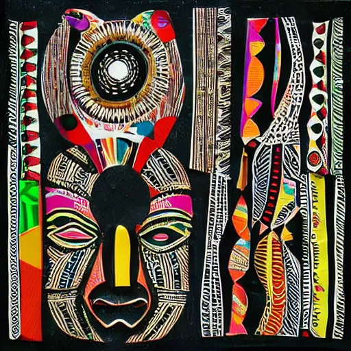 Prompt: Abstract expressionist paper cut collage detailed intricate patterns of African tribal mask