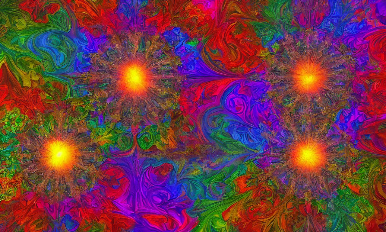 Image similar to acrylics blob voronoi engine laboratory 3 d volume kaleidoscope mandala fractal chakra digital multicolor stylized concept substance liquid nebula stone, a spectacular view cinematic rays of sunlight comic book illustration, by john kirby radiating a glowing aura global illumination ray tracing hdr depth fog overlay multiply photoshop layer