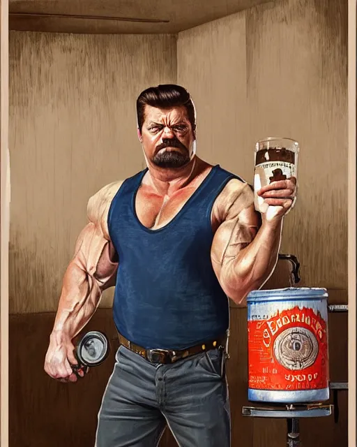 Image similar to gigachad ron swanson bodybuilder holding a keg of beer in final fight office by ilya kuvshinov, ernest khalimov body by krista sudmalis, fantasy character portrait, ultra realistic, concept art, intricate details, elegent, digital painting, smooth, sharp focus, illustration, art by artgerm and greg rutkowski and alphonse mucha, artstation