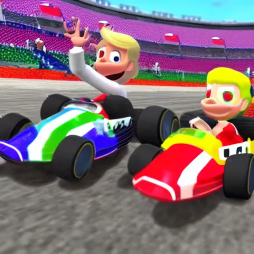 Prompt: new super donald trump kart 8, the best kart video game of all time, on the famous rainbow race.