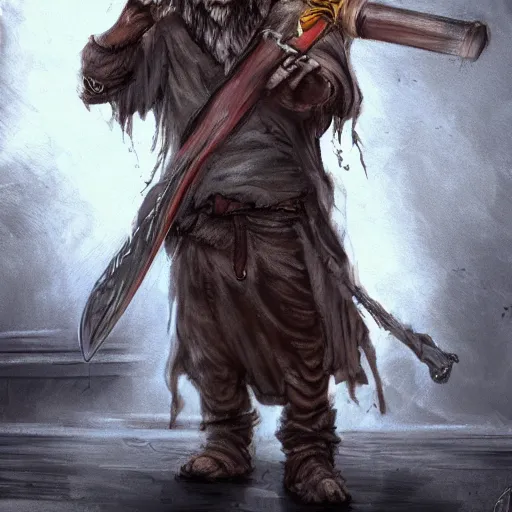 Image similar to dirty homeless humanoid cat wearing rags, wielding a broadsword, concept art, d & d, fantasy, trending on artstation