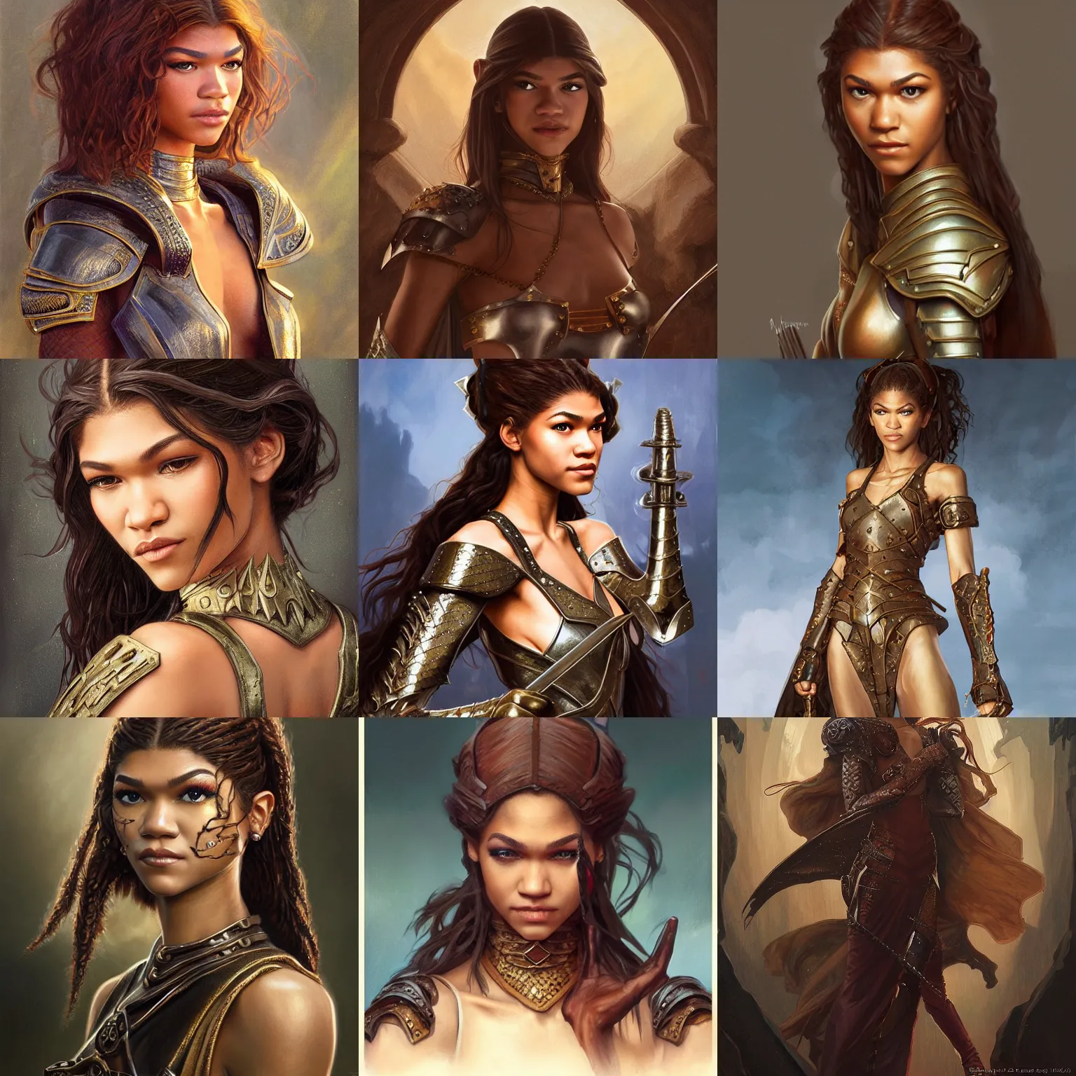 Prompt: Portrait of Zendaya , D&D, 14th century, fantasy, portrait, skimpy leather armor ,highly detailed, digital painting, daggers, trending on artstation, concept art, sharp focus, illustration, art by artgerm and greg rutkowski and magali villeneuve and Alphonse Mucha and Siraj