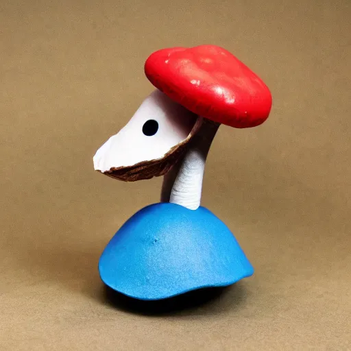 Image similar to a claymation mushroom holding a cardboard sword