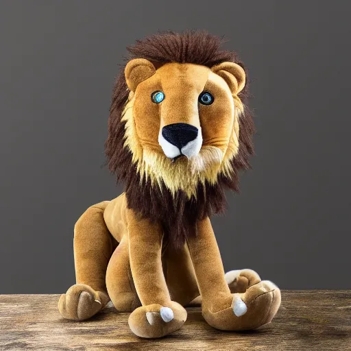 Prompt: a lion plush. beautifully made, detailed, cute, soft. high quality, studio lighting, product image