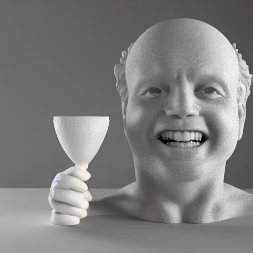 Image similar to a 3 d smiling model of a white marble human head holding a coctail, digital illustration, 3 d render, above the waist