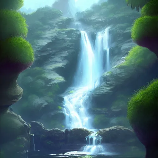 Prompt: beautiful photoshop commission of a slender dragon relaxing by a waterfall, digital painting, artstation, art by Jaime Jones