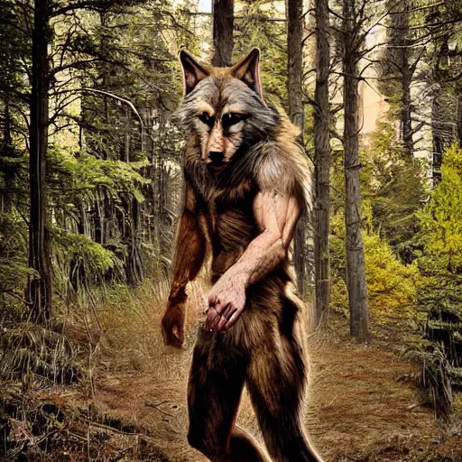 Image similar to human wolf werecreature, photograph captured at woodland creek