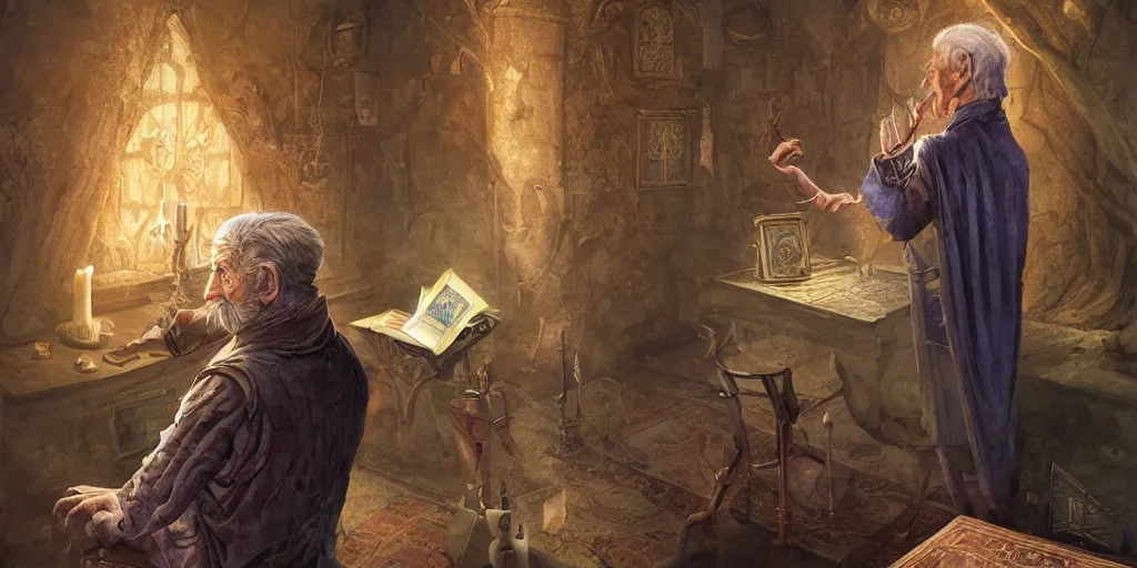 Image similar to back shot of wizened aristocrat examining the mysteries of tarot cards on a magical blackboard, fantasy art, matte painting, high quality, digital painting, artwork by tony sart