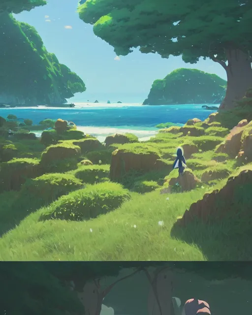 Image similar to an archipelago with strange white rock formations, lush vegetation, deep blue water, cory loftis, james gilleard, atey ghailan, makoto shinkai, goro fujita, studio ghibli, rim light, exquisite lighting, clear focus, very coherent, plain background, soft painting