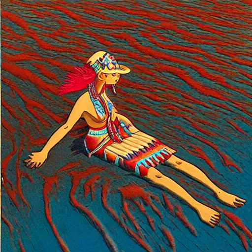 Prompt: mayan priestess floating over an ocean, sharp focus, moebius, print, cinematic, surreal