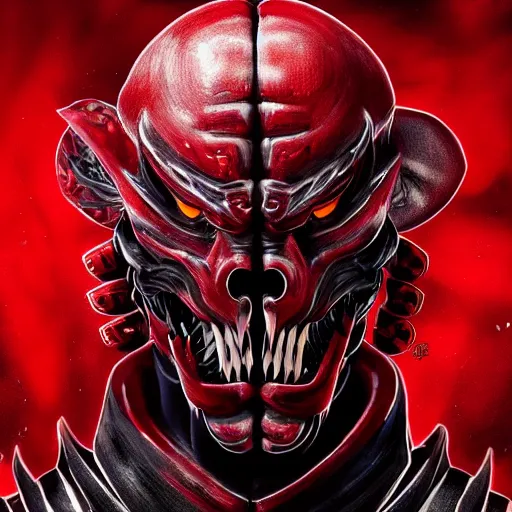 Image similar to a vivid portrait of a predator samurai, trending on artstation, scary, intimidating, dark, unreal engine, studio lighting, black and red color scheme