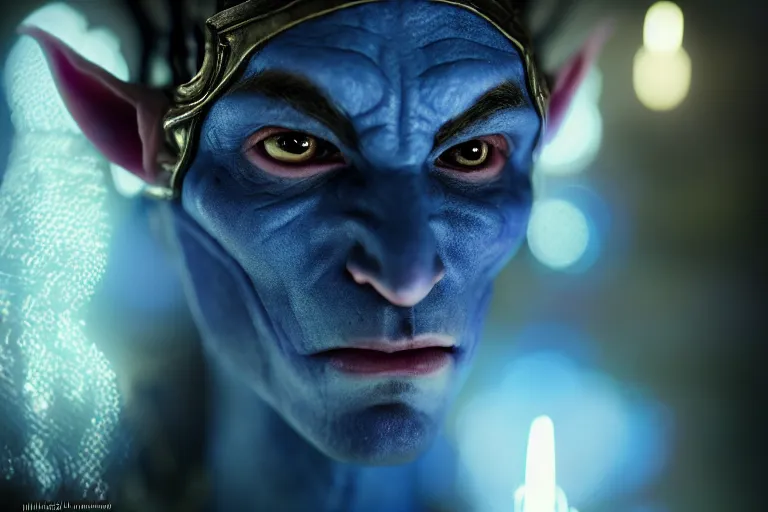 Prompt: an ultra realistic, cinematic, fantasy, portrait, of an evil blue skinned elf, elden ring, fairy lights, facial features, stood in a supermarket, with victorian clothing, detailed, deep focus, movie still, dramatic lighting, ray tracing, by michal karcz and yoshitaka amano