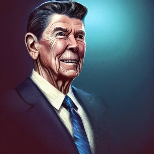 Prompt: gay ronald reagan, smooth, focus, highly detailed, hyper realistic, dramatic lighting, intricate, concept art, art by wlop, mars ravelo