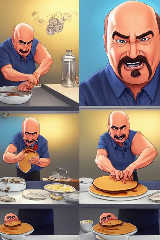 Prompt: dr phil making pancakes, animation pixar style, by pendleton ward, magali villeneuve, artgerm, rob rey and kentaro miura style, golden ratio, trending on art station