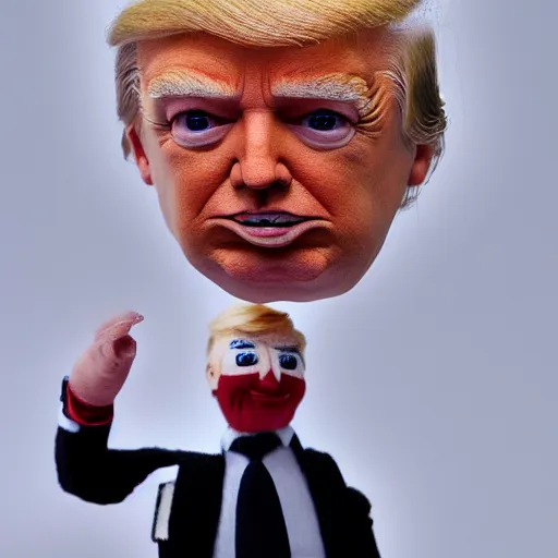 Image similar to Donald Trump realistic finger puppet, wide lens, diorama, 4k,