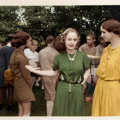 Image similar to an image of a queen with tan skin long rippling cinnamon hair and emerald colored eyes in a medium full shot, vintage historical fantasy 1 9 3 0 s kodachrome slide german and eastern european mix. the queen is pictured attending a barbecue for youth volunteers. she is dressed in a yellow dress paired with green accessories.