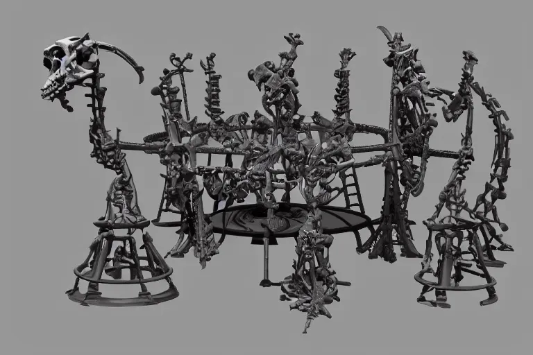 Prompt: 3d sculpt of an evil ironwork carousel made of bones and skulls, artstaton, League of Legends, red dead redemption2, overwatch, digital illustration