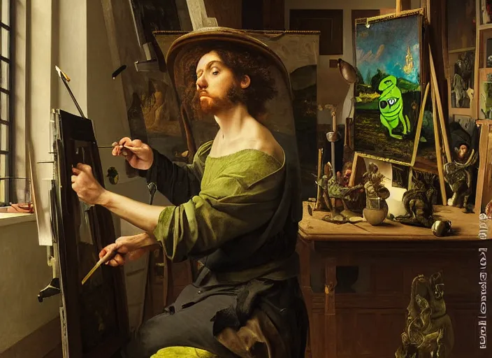 Image similar to a painter in his studio painting a picture of pepe the frog, by edgar maxence and caravaggio and michael whelan and delacroix style, artistic, intricate drawing, cinematic lighting, hyper realistic, extremely detailed, establishing shot, 8 k resolution, dramatic lighting