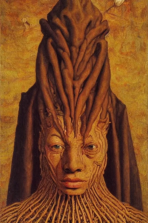 Image similar to portrait of nyarlathotep, oil painting by jan van eyck, northern renaissance art, oil on canvas, wet - on - wet technique, realistic, expressive emotions, intricate textures, illusionistic detail