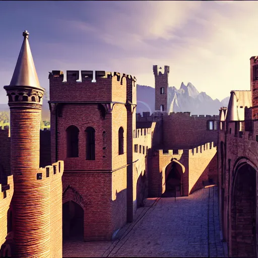 Prompt: Aerial wide long shot of distant epic medieval city of epic stone-brick buildings with european arched doorways, crenellated balconies, wood ornaments, flagpoles, tiny ornate windows, planned by Syd Mead, Alpine scenery, Hyper photorealistic, Arnold Render, Quixel Megascans