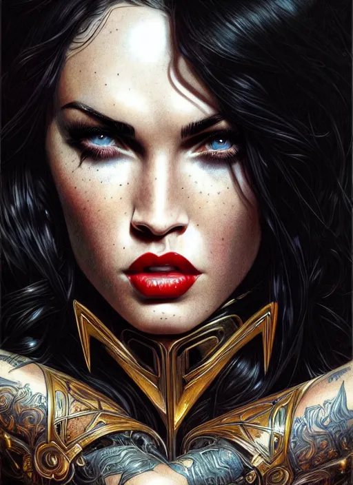 Prompt: portrait of megan fox as kiss, heavy metal, hell, intricate, headshot, highly detailed, digital painting, artstation, concept art, sharp focus, cinematic lighting, illustration, art by artgerm and greg rutkowski, alphonse mucha, cgsociety