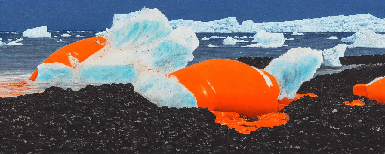 Prompt: painting of giant orange and white military spacecraft crashing into an endless black sand beach in iceland with icebergs in the distance, 2 8 mm, shockwave