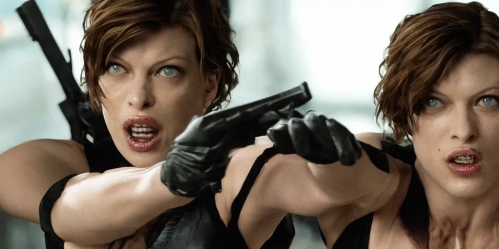 Prompt: mika jovovich in resident evil doing kung fu stunts