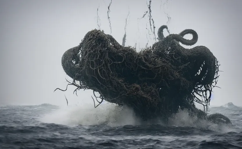 Prompt: nature photography of a kraken breaking apart a wooden sailboat, south african coast, rainfall, rough waves, fog, digital photograph, award winning, 5 0 mm, telephoto lens, national geographic, large eyes