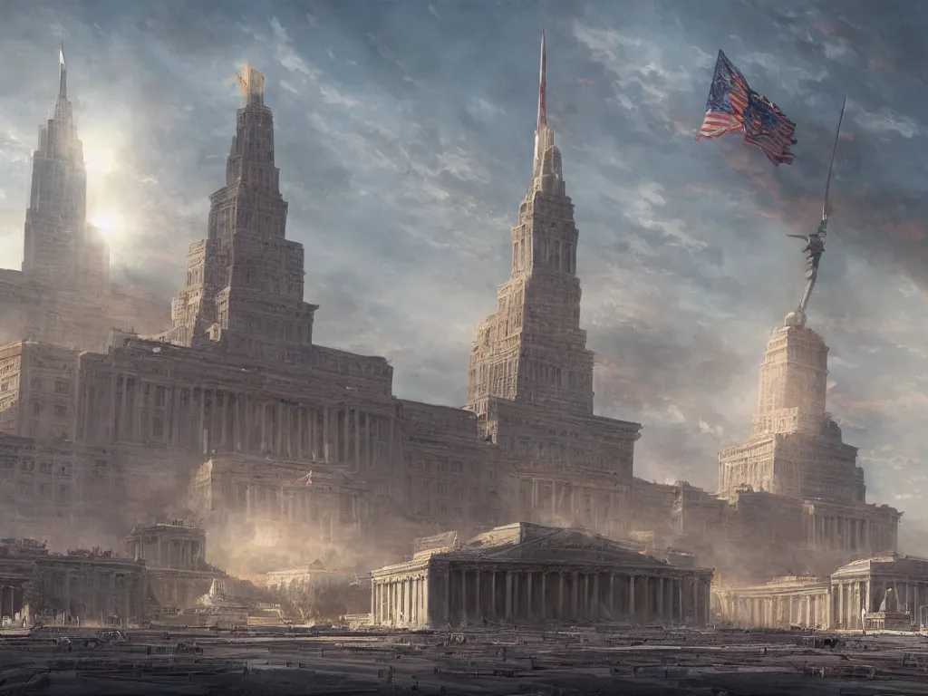 Prompt: matte painting by fan wennan and marc simonetti and jonathan solter. future capitol of the american communist party shining in the sun after the triumph of socialism in america, hyperdetailed, cinematic, photorealistic, hyperrealism, masterpiece, future communist governmental architecture, statue, imposing, strength, abundance, life. america 2 0 9 8