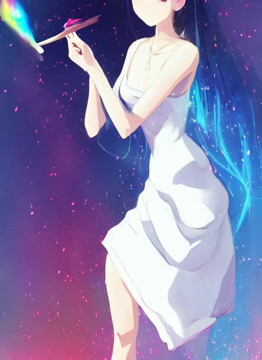 Prompt: a woman in a white dress is holding a hair brush, a hologram by muqi, trending on pixiv, neo - figurative, official art, anime aesthetic, booru