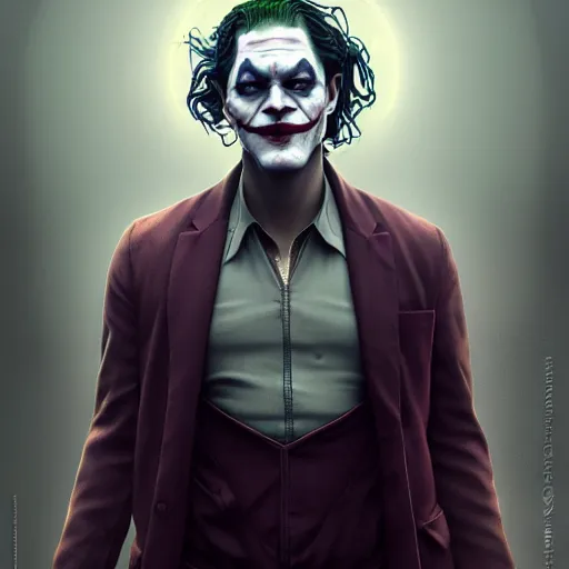 Image similar to lawrence fishburne by tom bagshaw, as the joker by ilya kuvshinov, rtx reflections, octane render 1 2 8 k, extreme high intricate details by wlop, digital anime art by ross tran, wide shot, close up shot, composition by sana takeda, dramatic lighting by greg rutkowski