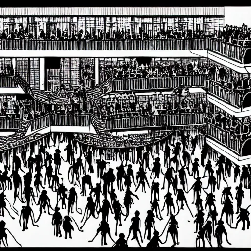 Image similar to a m. c. escher style drawing of a nightclub filled with people