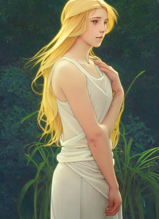 Image similar to pretty young man with shoulder length shiny shimmering golden blond hair, half body shot, path traced, highly detailed, high quality, digital painting, by studio ghibli and alphonse mucha, leesha hannigan, hidari, disney