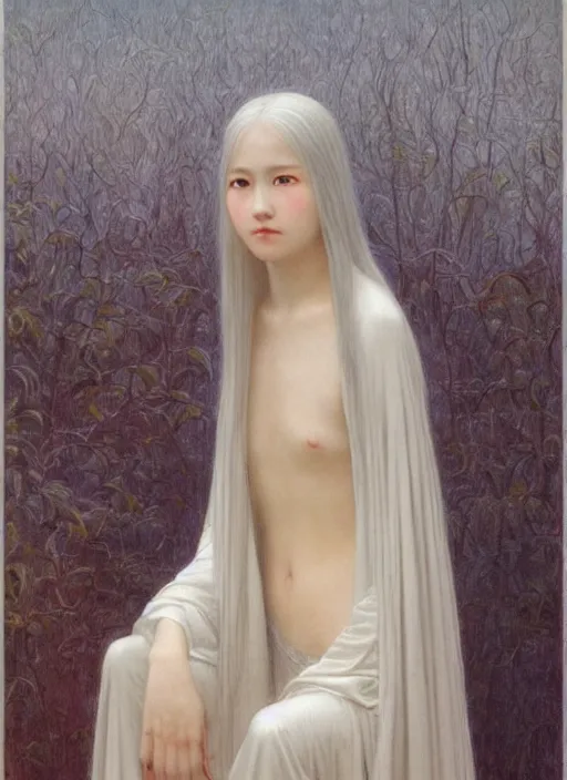 Prompt: thin young beautiful girl with silver hair, pale!, wearing robes, wearing hair, goddess, young cute wan asian face, silver robes!!, oil on canvas by jean delville, 4 k resolution, aesthetic!,