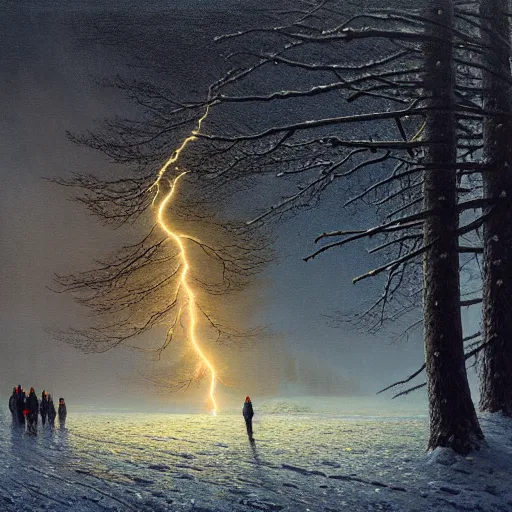 Image similar to a beautiful painting of group of climbers, extreme cold, storm, octane rendering, grim, dark, gloomy, cruel, volumetric lightning, hyperrealism, no blur, 4 k resolution, ultra detailed, style of john atkinson grimshaw, ivan shishkin, tyler edlin, scott listfield, eric zener