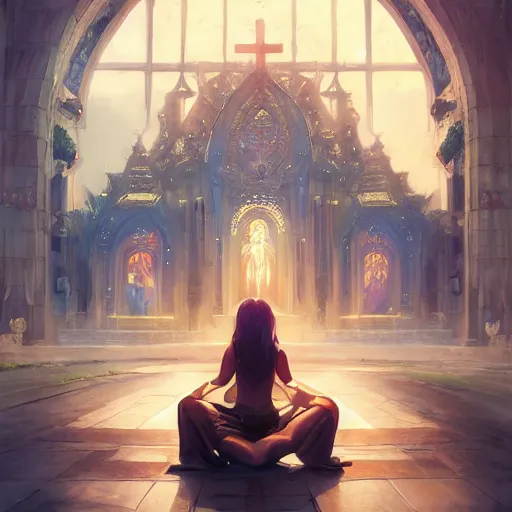 Image similar to Art station concept of a beautiful girl kneeling in front of a religious shrine, Hypnosis, Trance, symmetrical face, smooth body features, by Stanley Artgerm Lau, WLOP, Rossdraws, James Jean, Andrei Riabovitchev, Marc Simonetti, and Sakimichan, trending on artstation