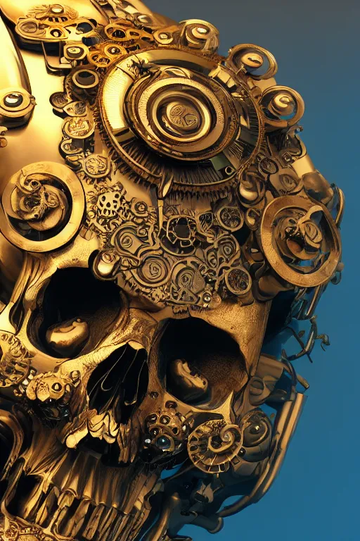 Prompt: conceptart 3 d render ultra detailed of a skull, intricate art deco and steam punk gears details inside, hyperrealistic, volumetric lighting, ultra detailed, elegant, octane render, blue and gold, 8 k, trending on artstation, unreal engine