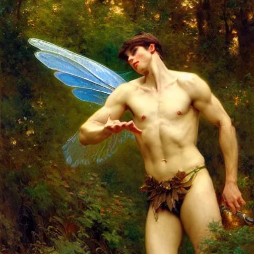 Image similar to attractive male fairy with wings in the forest, posing. highly detailed painting by gaston bussiere, craig mullins, j. c. leyendecker, 8 k